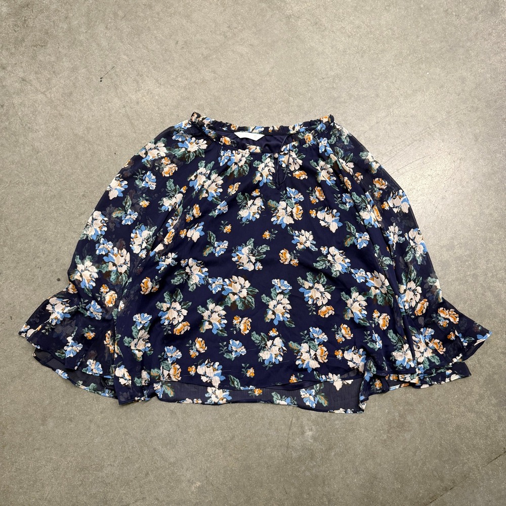 LC Lauren Conrad Navy Blue Floral Chiffon Blouse XXL Ruffle Sleeve Top